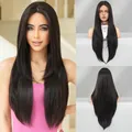 Parrucca lunga liscia castano scuro scalata con pizzo e riga centrale per un look naturale - 85cm