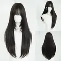 Long straight dark brown layered wig with flat bangs shown from three different angles - Dark Tea Black (Hime Cut Layers) 70cm
