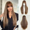 28 inch lange steile bruine pruik met honingblonde highlights en een rechte pony - Taille Lengte / Warm Bruin Goud Gehighlight