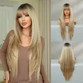 Long straight ombre blonde synthetic wig with bangs and dark roots for women - Dark Sand Blonde (Asian Style) 85cm