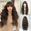 Dark brown long wavy wig with bangs shown in front and back views on a model - Cool Brown / 75cm
