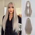 Lange steile asblonde pruik met pony, voor- en achteraanzicht voor modieuze vrouwen - Extra Lange Stijl / Melkthee Grijsbruin