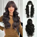 Long wavy dark brown wig with bangs shown on model and mannequin stand for women - Morning Star Black / 75cm