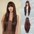 Long straight dark brown wig with bangs made of high-quality synthetic fibers - Mocha Brown (Natural) 85cm