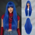 28-inch koningsblauwe lange steile pruik met pony voor cosplay en dagelijks gebruik - Taille Lengte / Noorderlicht Blauw