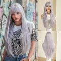 Long straight light purple wig with neat bangs and natural waist-length fiber hair - Taro Gray Purple (Daily) 85cm