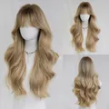Long wavy brown to blonde ombre wig with bangs shown in front, side and back views - Gradient Gold / 68CM