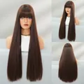 Long straight hair wig in mocha brown with flat bangs and natural layered style - Blunt Cut Deep Mocha Brown