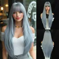 Long straight ash blue wig with flat bangs, smooth synthetic fiber with natural shine - Glacier Blue (Daily) 85cm