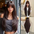 Long straight dark brown synthetic wig with flat bangs and V-shaped cut layered hair - Raspberry Wine Red (Natural) 85cm