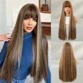 Long straight hair wig with bangs in dark brown with blonde highlights, 28 inch length - Rich Gold Blunt Cut