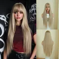 Long straight honey blonde wig with bangs showing professional front and back views - Light Gold Off-White (Daily) 72cm