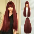 Long straight burgundy wig with bangs, high-quality heat resistant fiber hair extensions - Deep Wine Red Blunt Cut