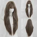 Long layered wig with bangs in cool brown finish shown from multiple angles - Tea Gray (Daily) 75cm