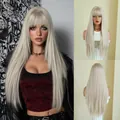 Long straight platinum blonde wig with bangs shown on model and display stand - Beige Gray White (Daily) 72cm