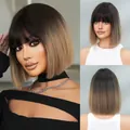 Parrucca Bob corta da donna con frangia, stile capelli lisci sfumati marroni naturali - Tè Bianco Ombre Con Retina