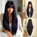Long straight deep purple wig with bangs in high-quality heat resistant fiber - Deep Blue Purple (Party) 85cm