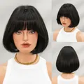 Short black bob wig with neat flat bangs shown in multi-angle views on a model - 31cm / Dark Chocolate