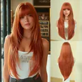 Long layered ginger orange wig with bangs for women made of premium smooth fiber - Vibrant Orange (Party) 85cm