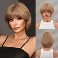 Short light brown Bob wig with bangs featuring natural synthetic hair texture - 33CM / Brown