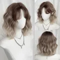 Short wavy ombre brown bob wig with bangs and natural loose water ripple curls - Ash Light Brown Ombre