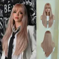 Long straight pink gold wig with bangs, high-quality heat-resistant fiber hair set - Grapefruit Pink Gold (Party) 80cm