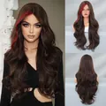 Perruque longue brune bouclée avec mèches rouges et larges ondulations volumineuses - Brun foncé avec mèches rouges (SZ5122-1)