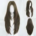 Long layered brunette synthetic wig with middle part and V-shaped trim on a mannequin - Flaxen Tea Brown (Daily) 76cm