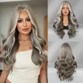 Perruque longue ondulée dégradé brun cendré avec mèches blondes et frange naturelle - Dégradé Brun Gris avec mèches (SZ5107-1)