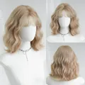 Honey blonde wavy wig with air bangs, natural body wave long synthetic hair for women - Creamy Beige Gold