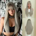 Long straight ash grey wig with bangs featuring layered ends and natural density - Milk Tea Gray Brown (Daily) 72cm