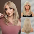 Ash blonde layered mid-length wig with curtain bangs, shown in front and back views - 55cm / Light Grey Gold