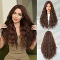 Long wavy synthetic wig in honey brown with center part for natural daily volume - 66CM / Deep Red Brown (MW9240-1)