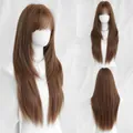 Long straight light brown wig with bangs and layered cut shown in a three-way view - Sunset Tea Brown (Daily) 72cm