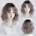 Short wavy BJD doll wig with air bangs in a stylish grey pink gradient finish - Rose Gold Ombre