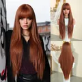 Long straight reddish brown wig with flat bangs shown in front and back views - Maple Orange (Party) 85cm