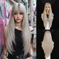 Long straight ash grey wig with flat bangs and layered fiber shown in three views - Foggy Ash Pink 85cm