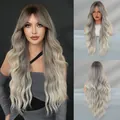 Long wavy ombre wig featuring dark roots to ash blonde gradient and center part bangs - 75cm / Misty Gray Ombre