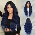 Long wavy ombre wig with black roots to deep blue tips and French bangs for women - 75cm / Marin Blue