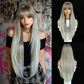 Long straight ash grey wig with flat bangs, smooth synthetic fiber hair for women - White Gray Ombre 85cm