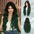Long wavy ombre wig with black to forest green gradient and natural volume - 75cm / Dark Green