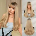 Long wavy linen blonde synthetic wig with bangs for a natural voluminous look - Gray Gold