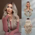 Long wavy ombre blonde wig with natural dark roots and stylish curtain bangs for women - 74cm / Ombre Blonde (MW9243-1)