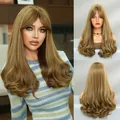 Long wavy honey brown wig with bangs 26 inch length for a natural voluminous look - Honey Blonde