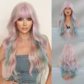 Peluca rizada arcoíris Y2K con flequillo en rosa, azul y verde menta - Pelo largo rizado con flequillo recto / Arcoíris