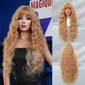Long wavy light blonde wig with bangs, featuring natural body wave style for women - Long Curly With Full Bangs (MW9231-1) / Streaming Gold