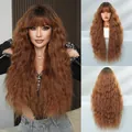 Long wavy reddish-brown synthetic hair wig with air bangs for women party styling - Long Curly With Full Bangs (MW9231-1) / Titian Reddish Brown