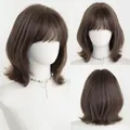 Parrucca corta bob marrone castagna con frangia e riccioli verso l'esterno per donne - Stile Capelli Corti 35cm / Rosa Marrone