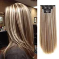 Detalle de las extensiones de cabello liso de 6 piezas con clips y reflejos dorados - Oro Claro