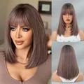 Medium length ash pink wig with bangs and straight layers for a minimalist subculture look - Smoky Pink Purple